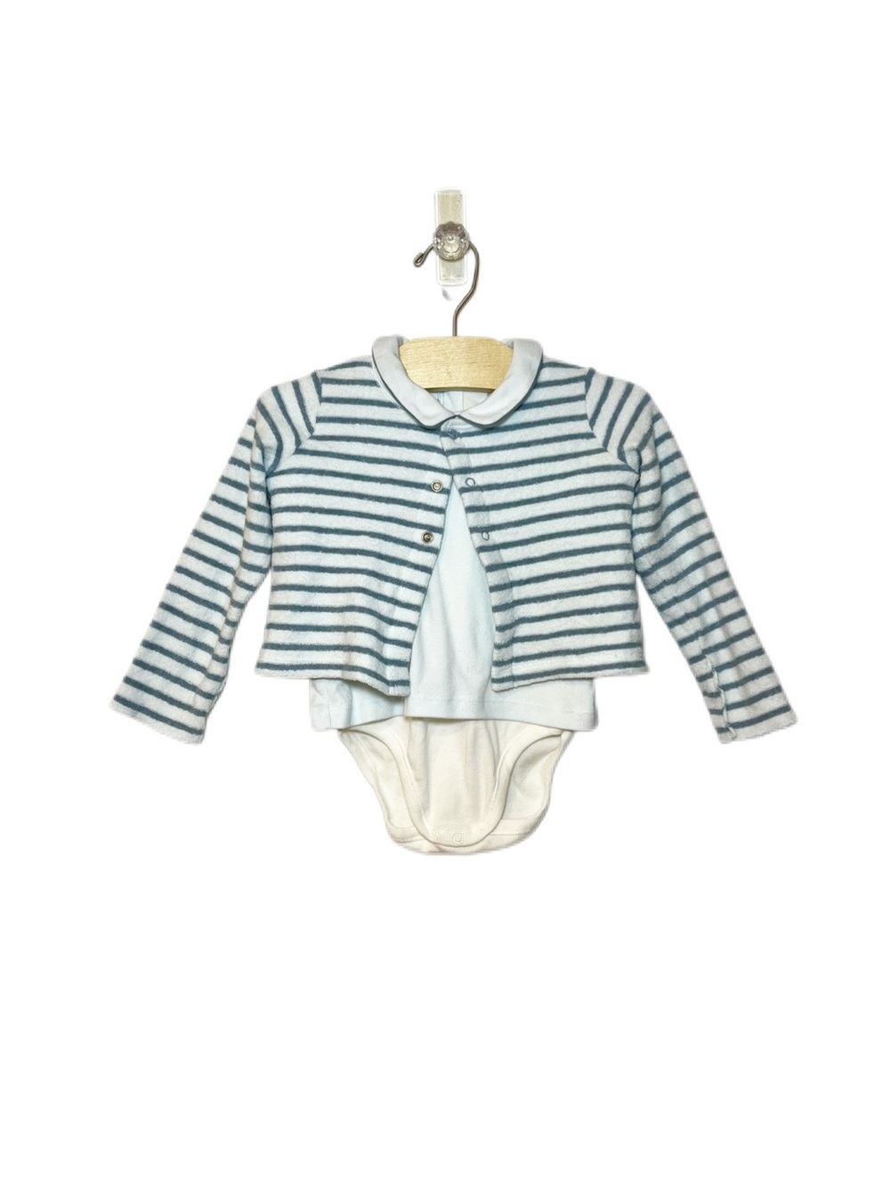 NWT Petit Bateau 12m Baby Set Striped Cardigan with Peter Pan Collar Bodysuit